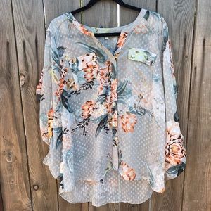 Grey and Orange Floral Blouse